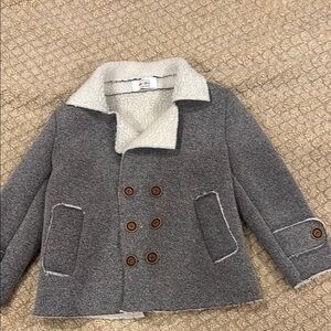 Gray and White Wool Pea Coat with Double-Breasted Design